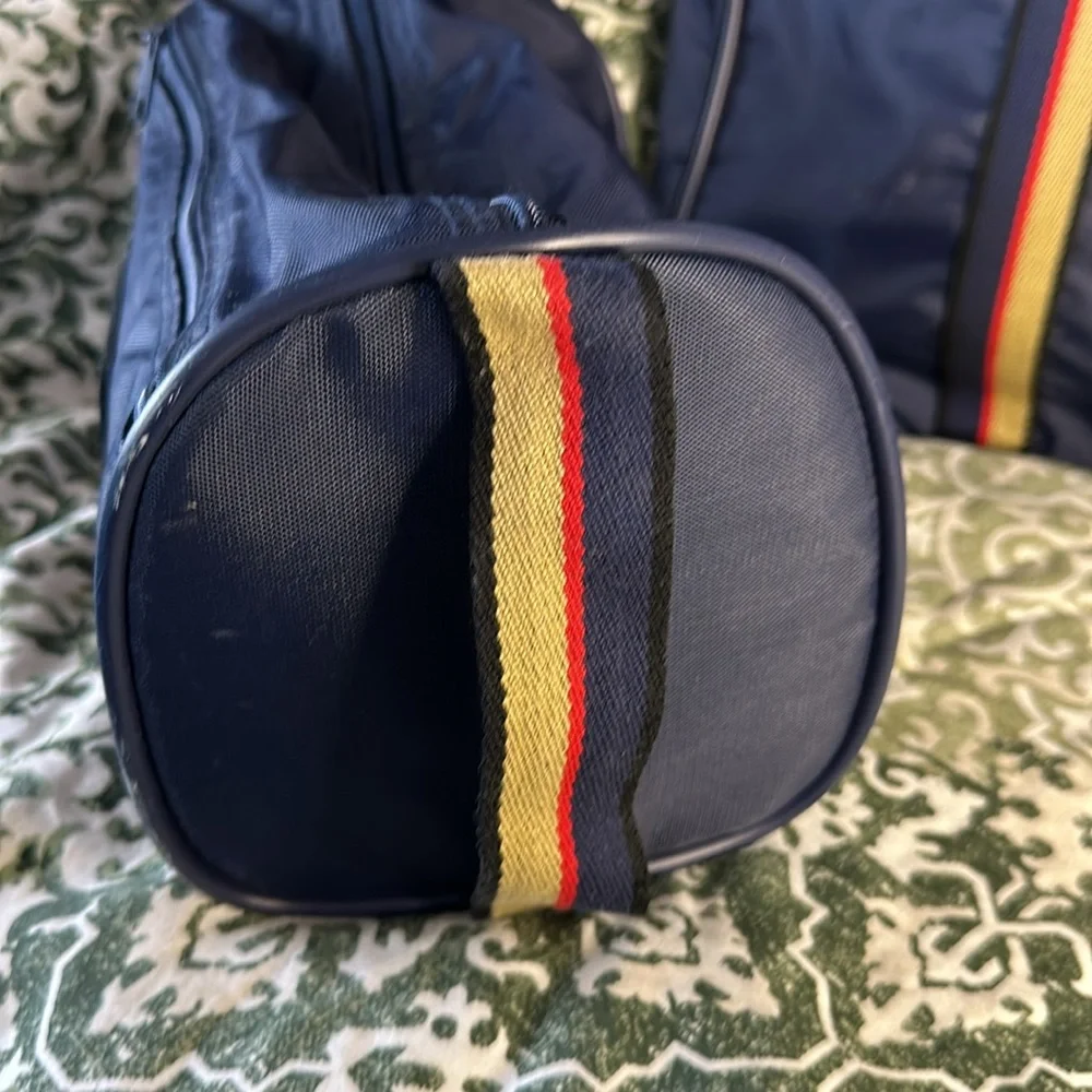 Excellent vintage Jordache blue nylon suitcase collection blue, red & tan handle